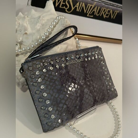 Michael Kors Blue Snakeskin Leather Studded Wristlet Clutch Wallet - Picture 4 of 11